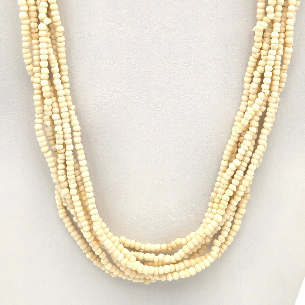 Vintage Multi-Strand Cream Seed Bead Necklace 7-Strand Bovine Bone Barrel Clasp